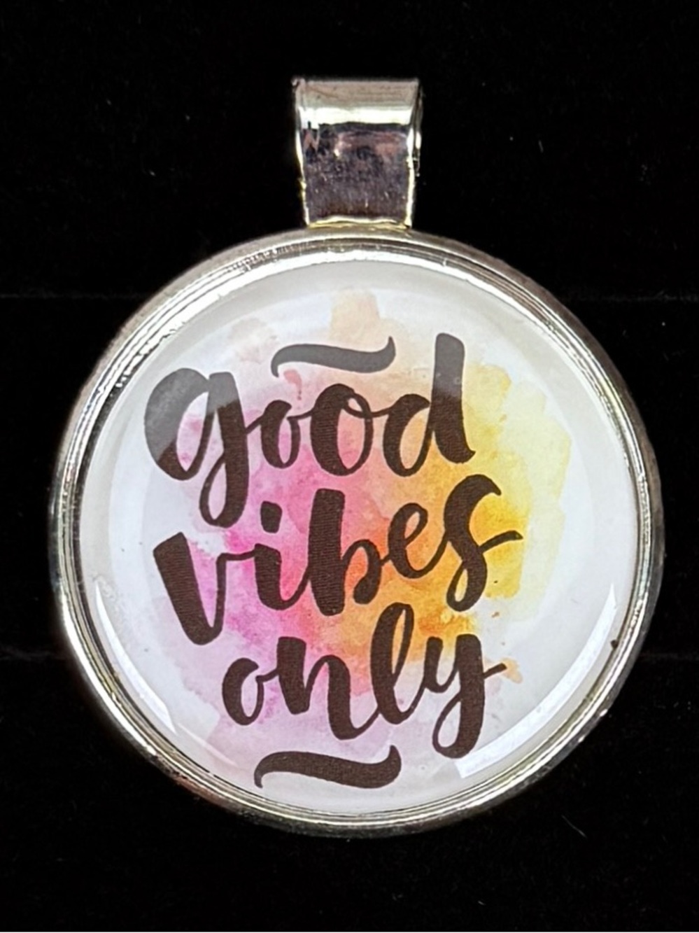 Good Vibes Only Silvertone Cololful Pendant + Free Black 16” Cord Necklace